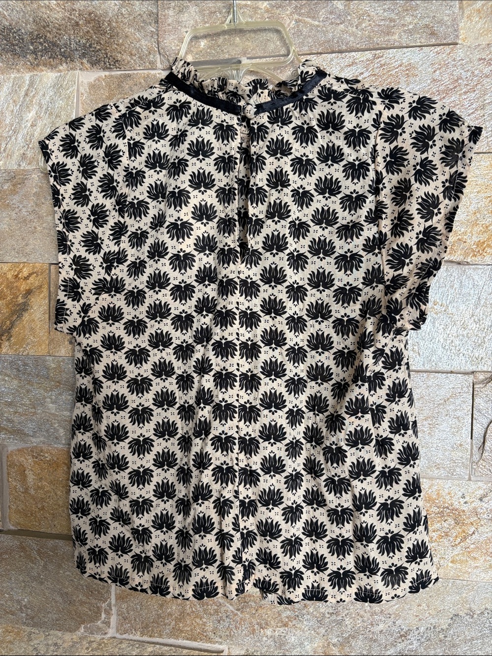 Black & Cream Printed Cap-Sleeve Women's Top